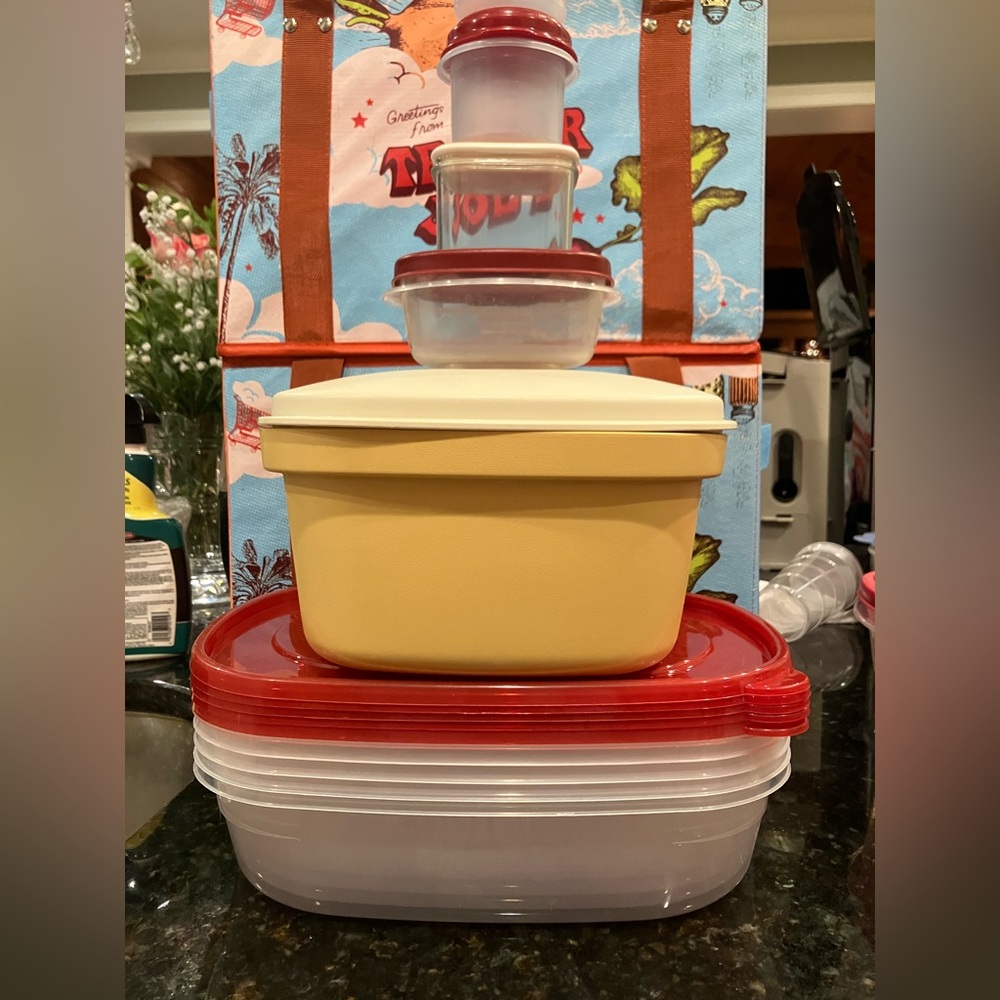 Tupperware Cream Gold with Red Container 9 pc Storage Set